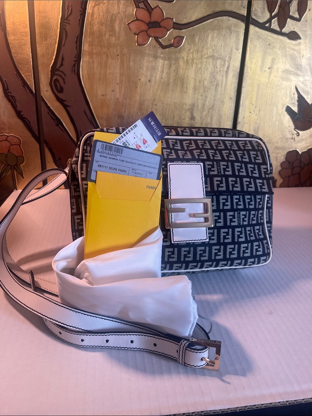 Fendi Black & White FF Logo Shoulder Bag with White Leather Trim
